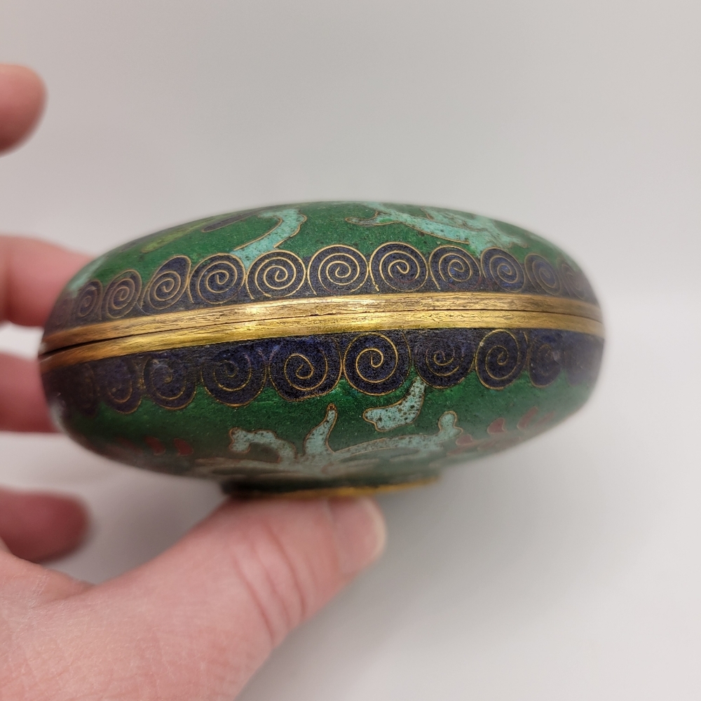 Vintage Cloisonne Champleve Enameled Trinket Box Chinese Jade Green Bird Design